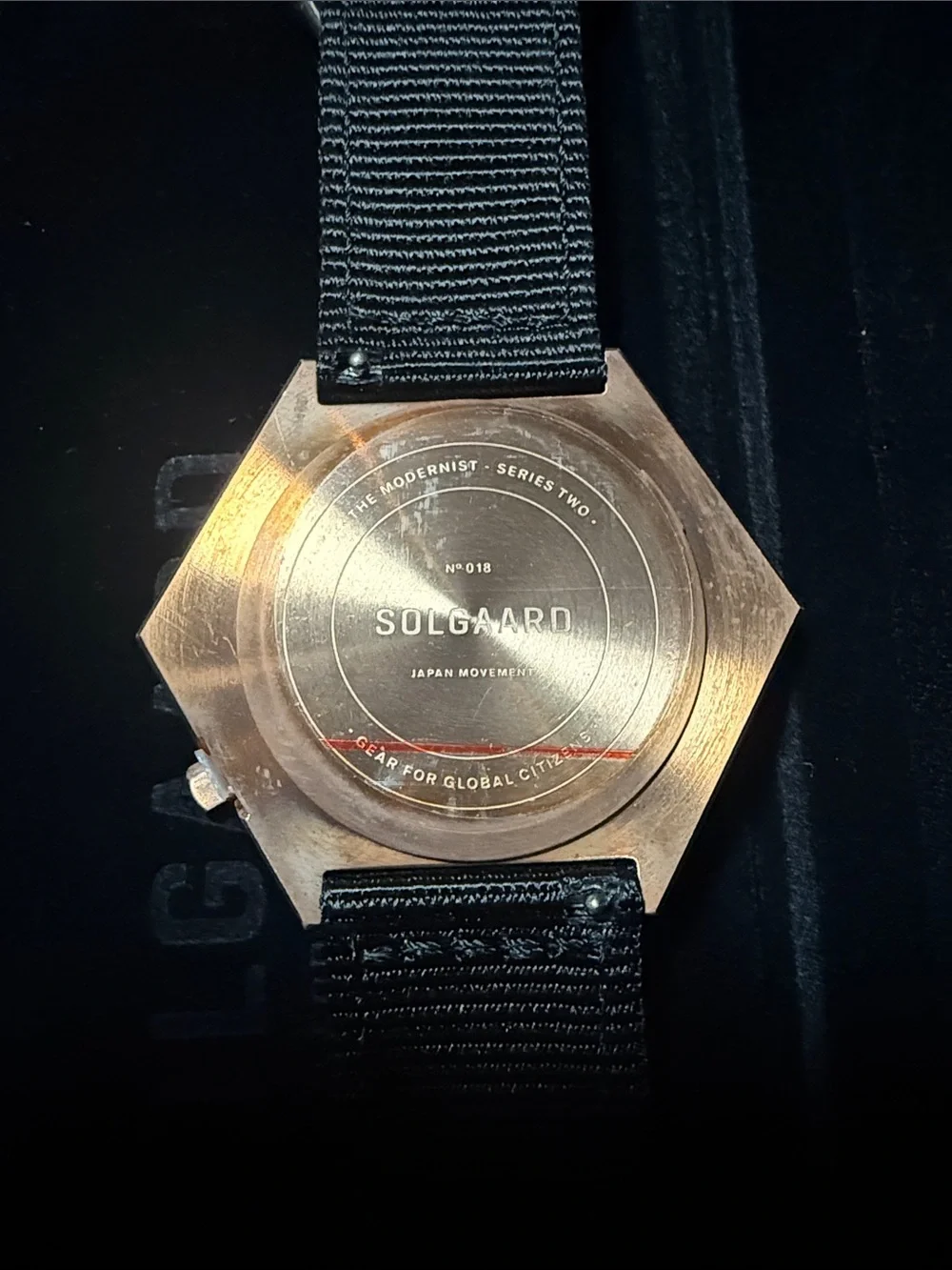 Solgaard Hexagonal Rose Gold Dial Watch with Black Nylon Strap.